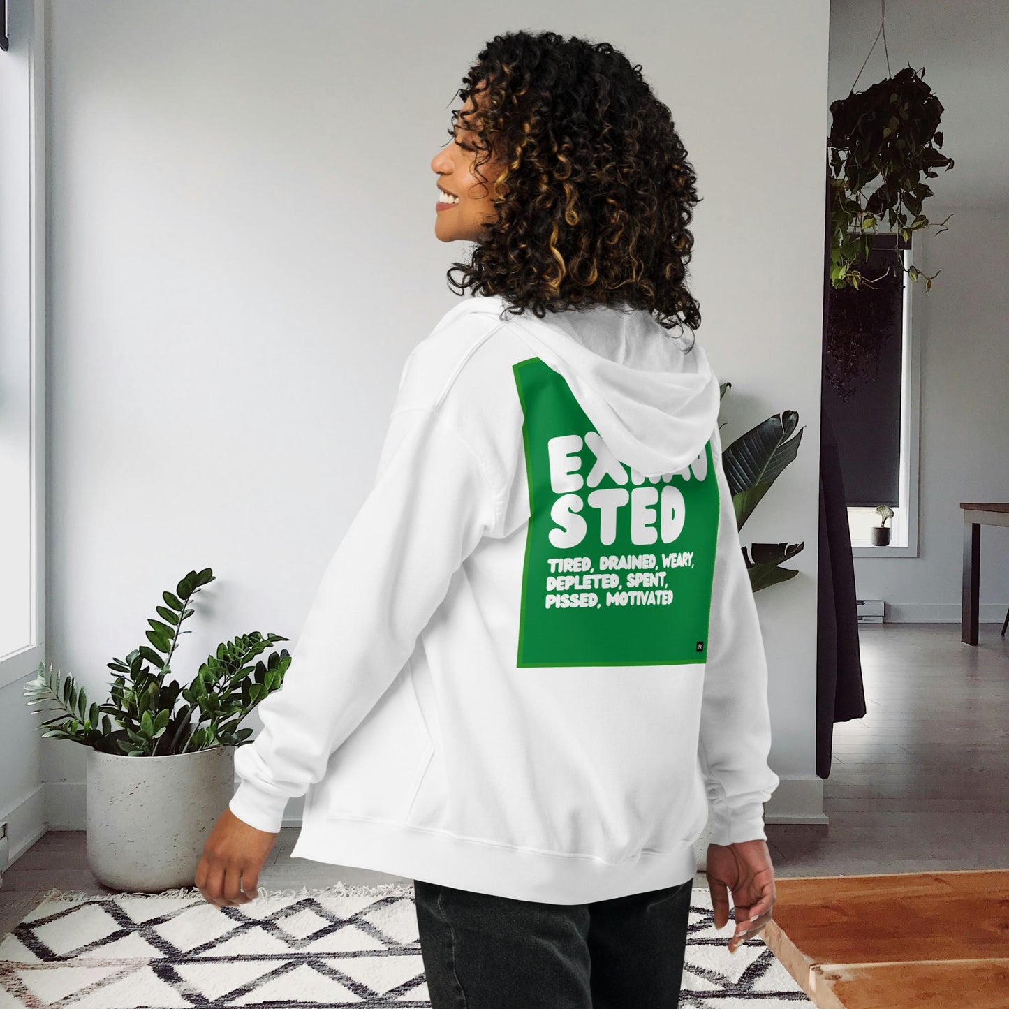Exhausted in Green and White Unisex Zip-Up Hoodie - Available in Assorted Colors
