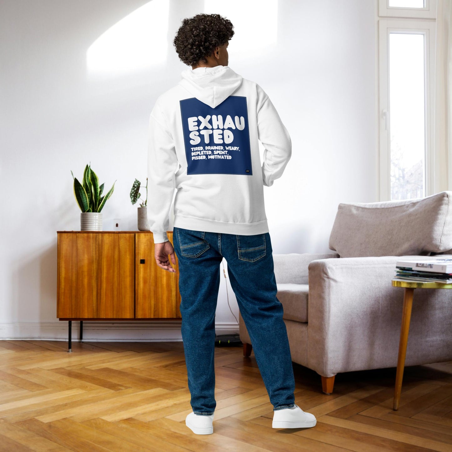 Exhausted in Blue and White Unisex Zip-Up Hoodie - Available in Assorted Colors