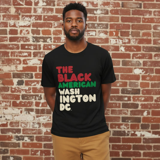 Woman wearing The Black American Washington DC Premium Unisex T-Shirt