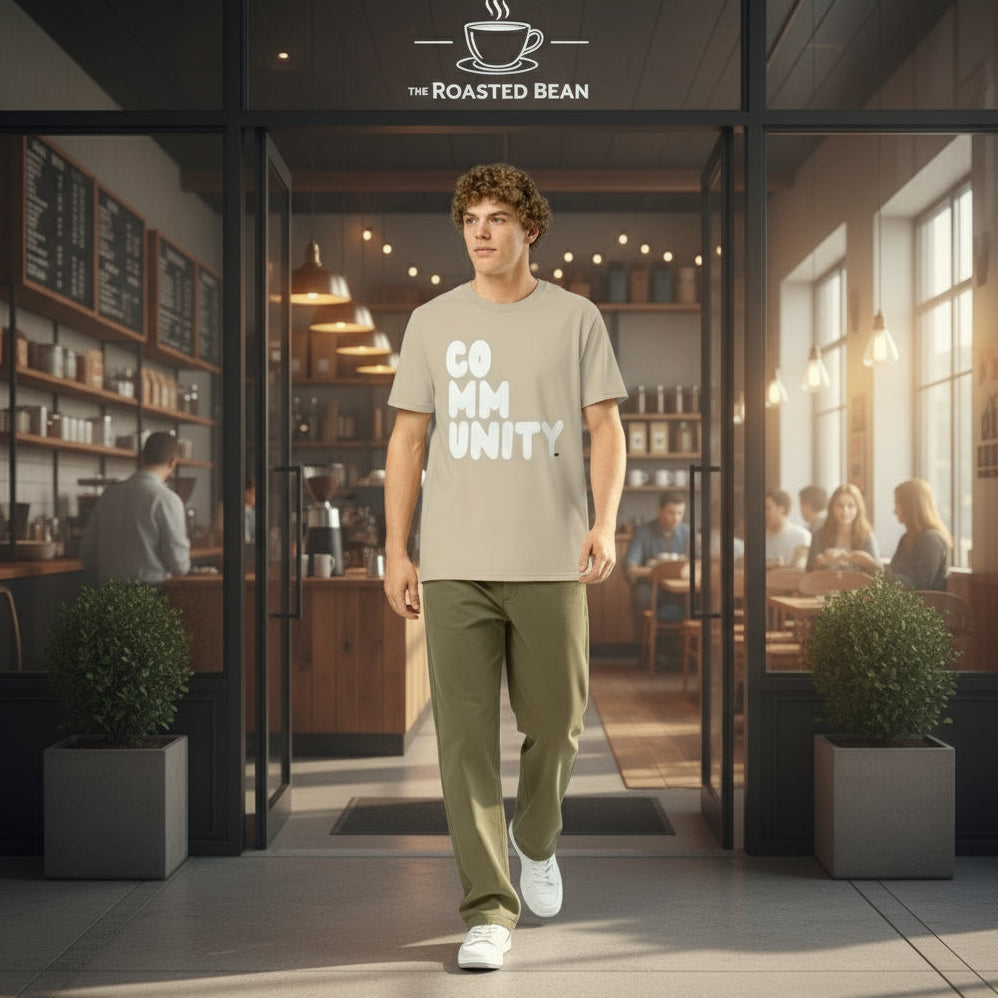 Community in Beige and White Premium Unisex T-Shirt - The APWT Gift Shop