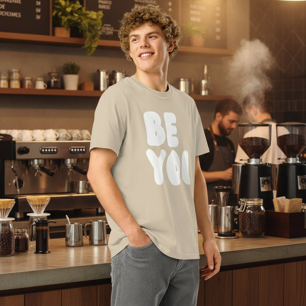 Be You in Beige and White Premium Unisex T-Shirt - The APWT Gift Shop