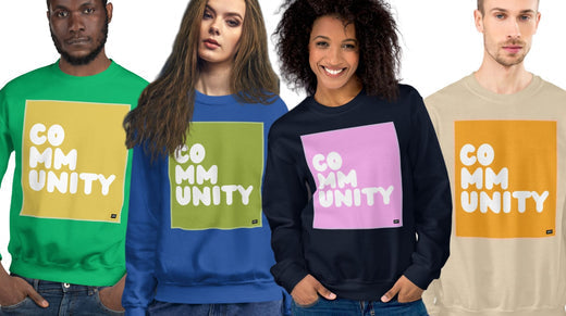 New Community Sweatshirts Blog Post Cover featuring (2) Women and (2) Men wearing Community Unisex Crew Neck Sweatshirts in New Spring Colors