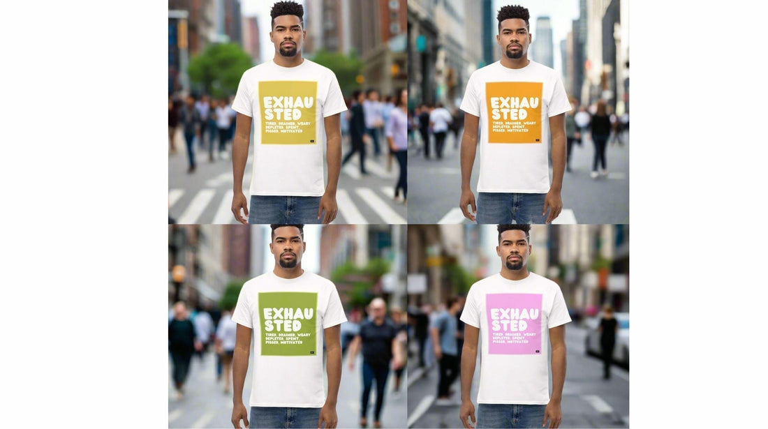 Man wearing the APWT Gift Shop's Exhausted T-Shirt in different colors