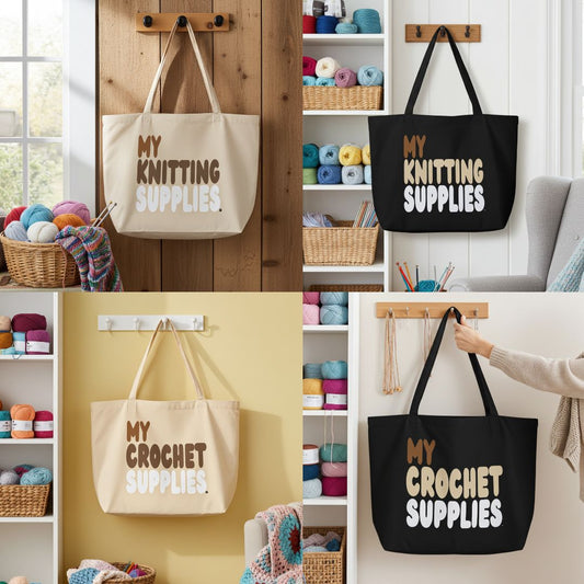 My Knitting Supplies and My Crochet Supplies Jumbo Tote Bags are now in the APWT Gift Shop!