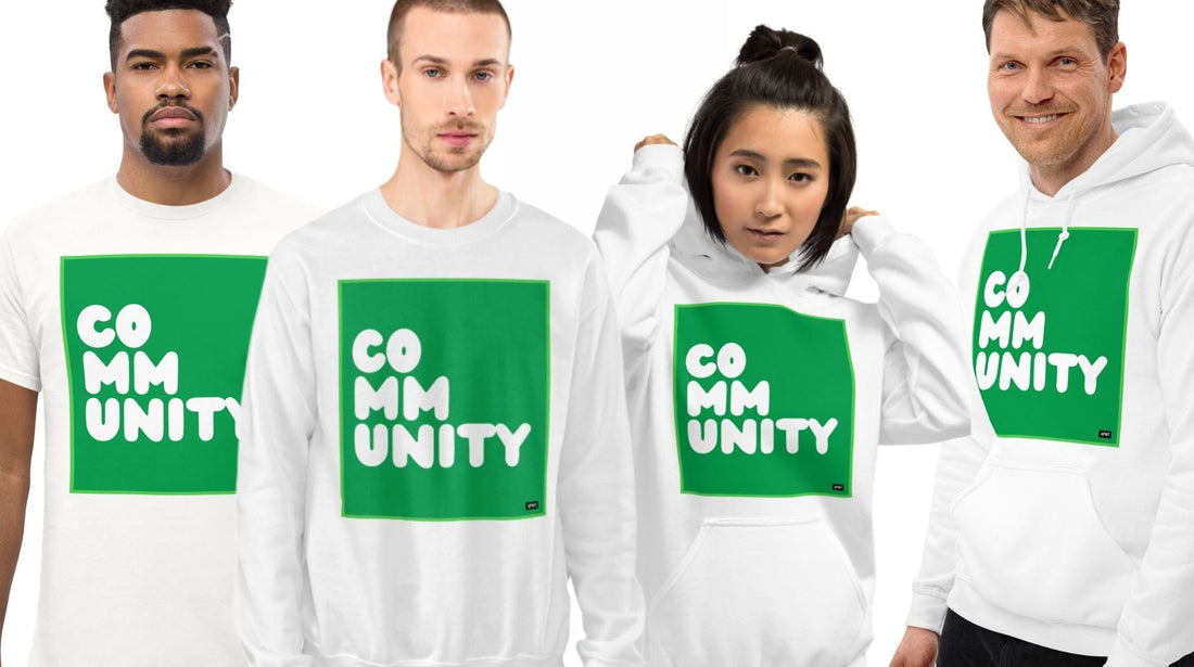 Three men and one woman wearing shirts and sweatshirts from the A Community in St. Patrick's Day Green Line - The APWT Gift Shop