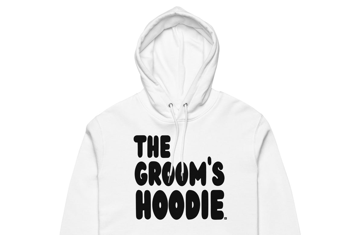the Groom's Hoodie Premium Unisex White Hoodie From the APWT Wedding Shop - Close-Up