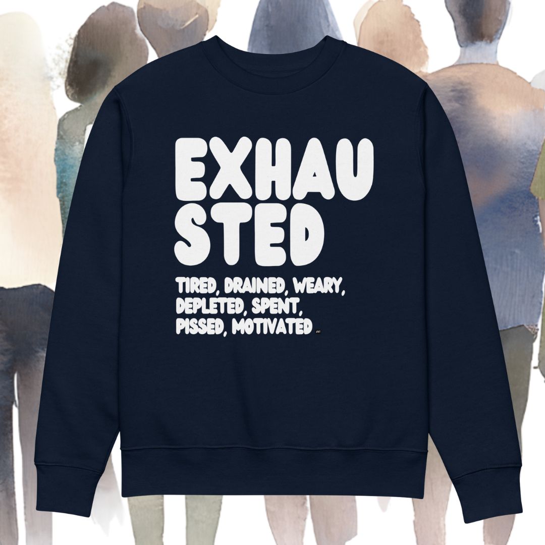 Exhausted in Blue and White Premium Unisex Crew Neck Sweatshirt
