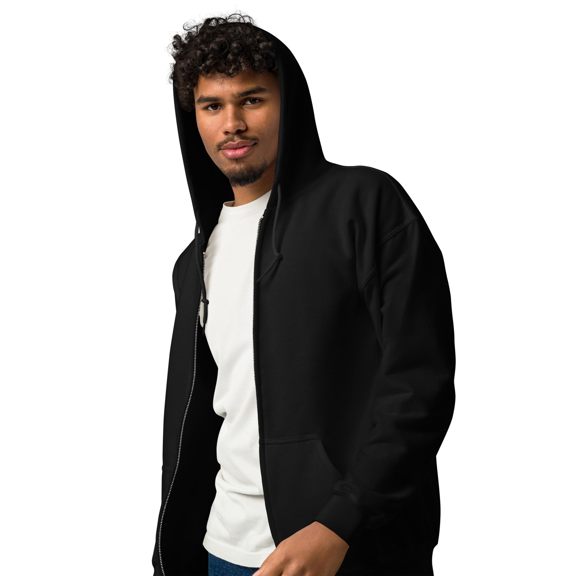 man wearing The Graduate Unisex Zip-Up Hoodie from the APWT Gift Shop in Black Side