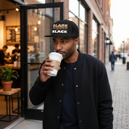 Man walking down the street wearing the APWT Gift Shop Shades in Black Trucker Hat in black featuring the word 'Black' in different shades of brown