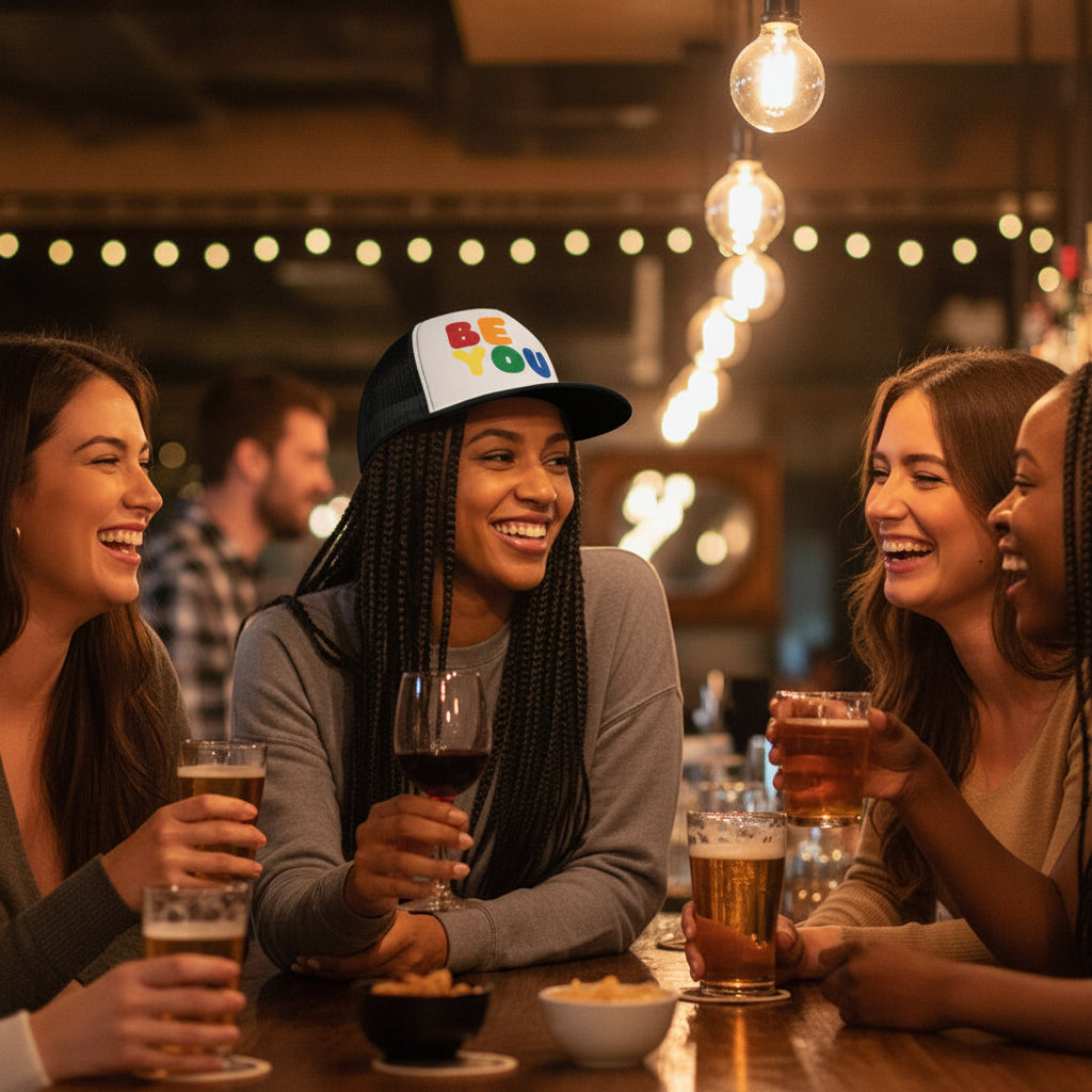 woman sitting at a bar with friends wearing the APWT Gift Shop's Rainbow Be You Trucker Hat from the Pride in the APWT Gift Shop Collection and the Be You Collection in black and white
