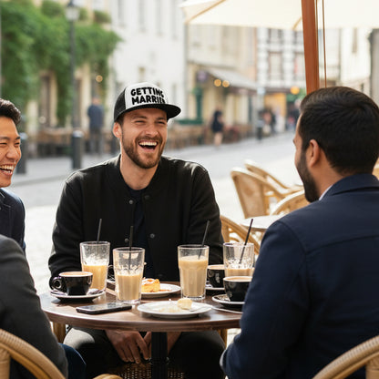 Man sitting at an outdoor cafe wearing the APWT Gift Shop Getting Married Trucker Hat in Black and White