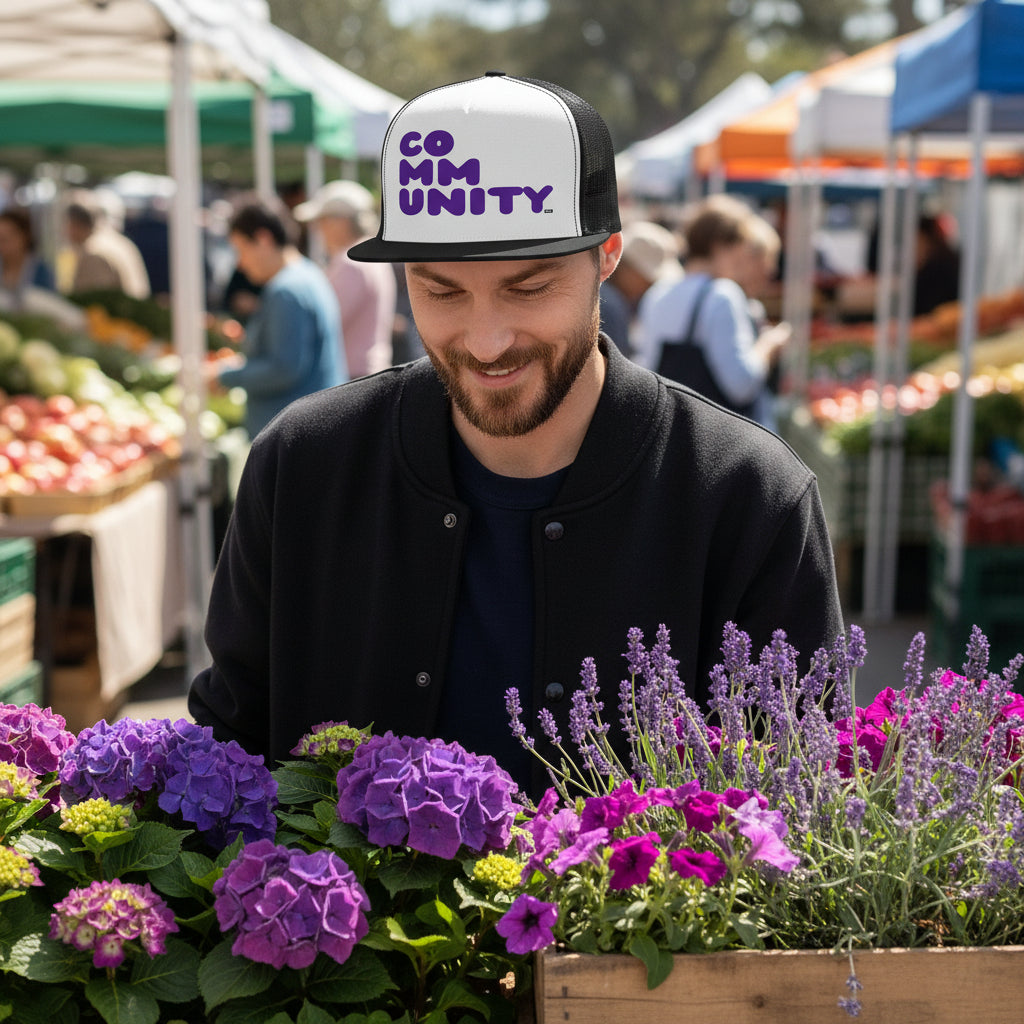 A Community in Purple Flowers Trucker Hat - Available in Assorted Colors