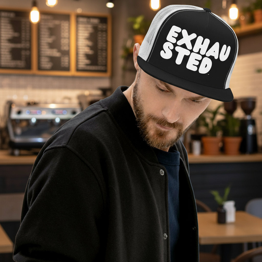 Exhausted in Black and White Trucker Hat - The APWT Gift Shop