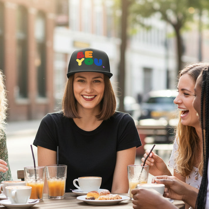 Woman sitting at an outdoor cafe wearing the APWT Gift Shop's Rainbow Be You Trucker Hat from the Pride in the APWT Gift Shop Collection and the Be You Collection in charcoal grey