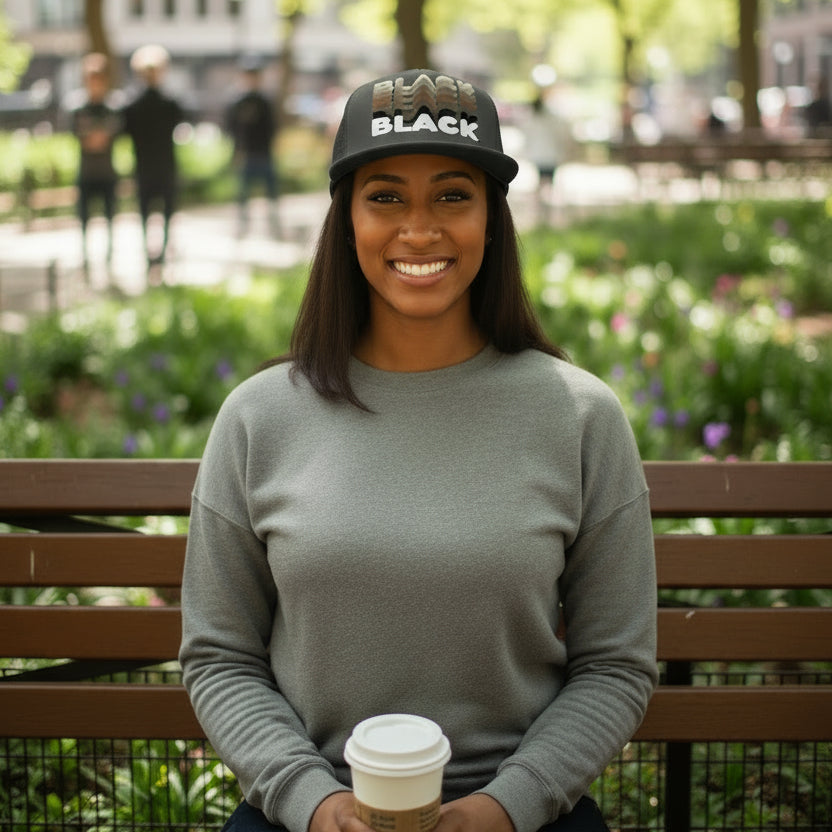 Woman sitting in the park on a bench wearing the APWT Gift Shop Shades in Black Trucker Hat in charcoal grey featuring the word 'Black' in different shades of brown