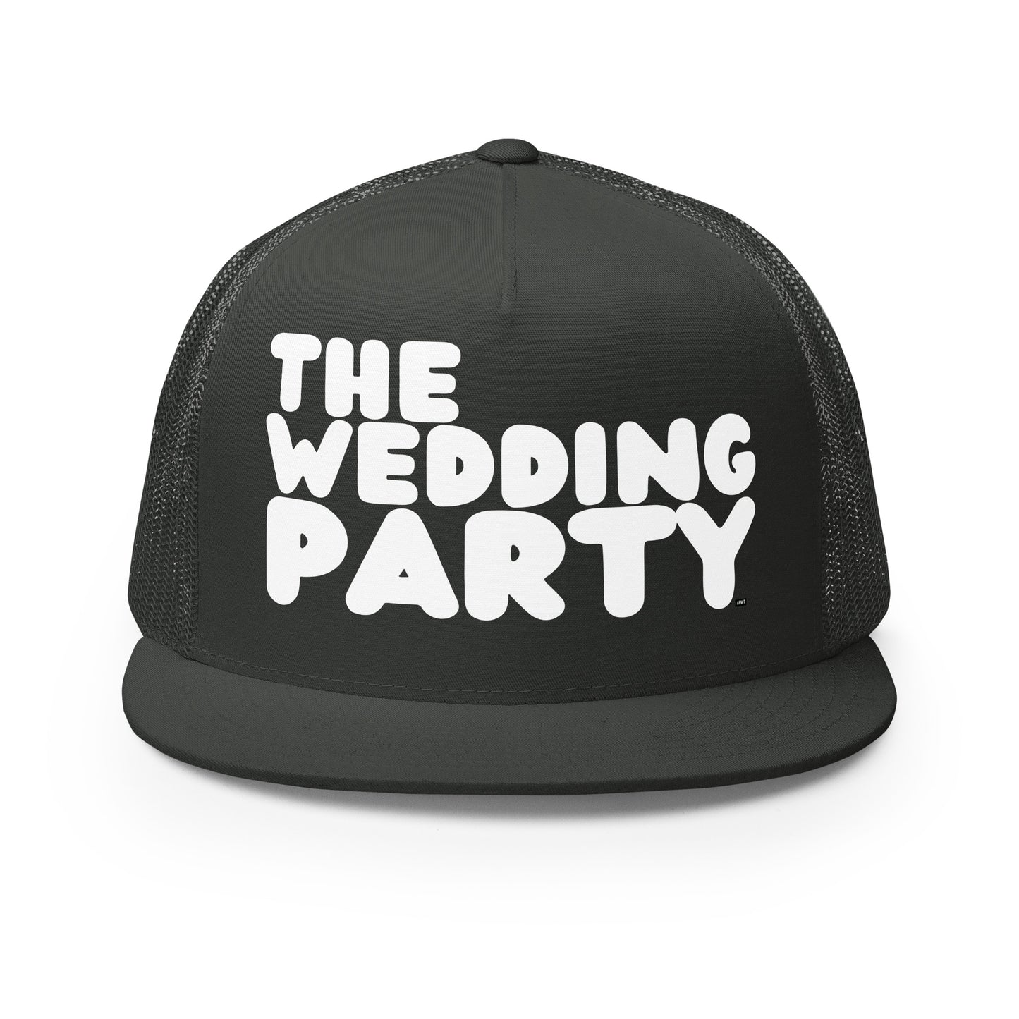 Front view of The APWT Gift Shop's The Wedding Party Trucker Hat from the APWT Wedding Shop in Charcoal Grey