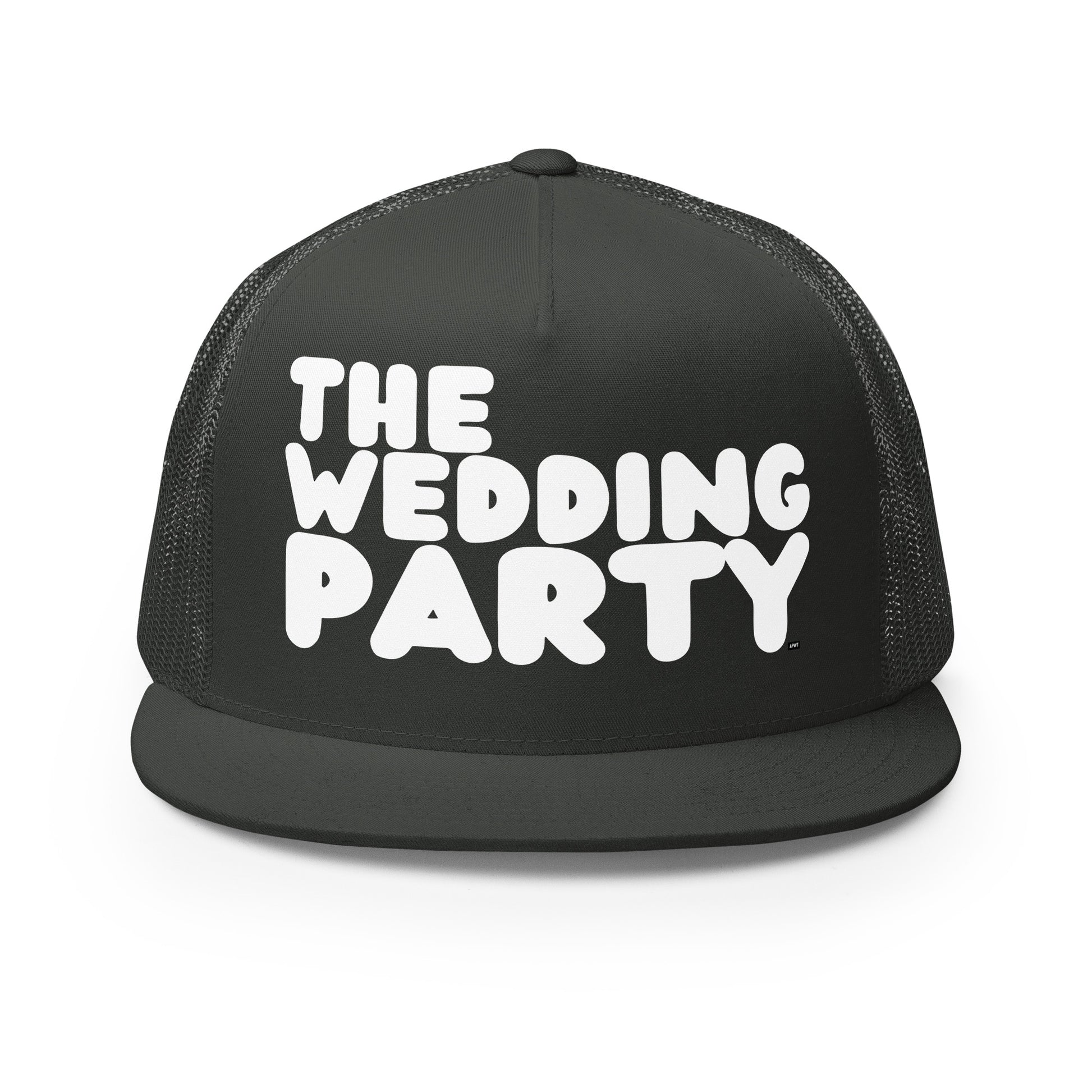 Front view of The APWT Gift Shop's The Wedding Party Trucker Hat from the APWT Wedding Shop in Charcoal Grey