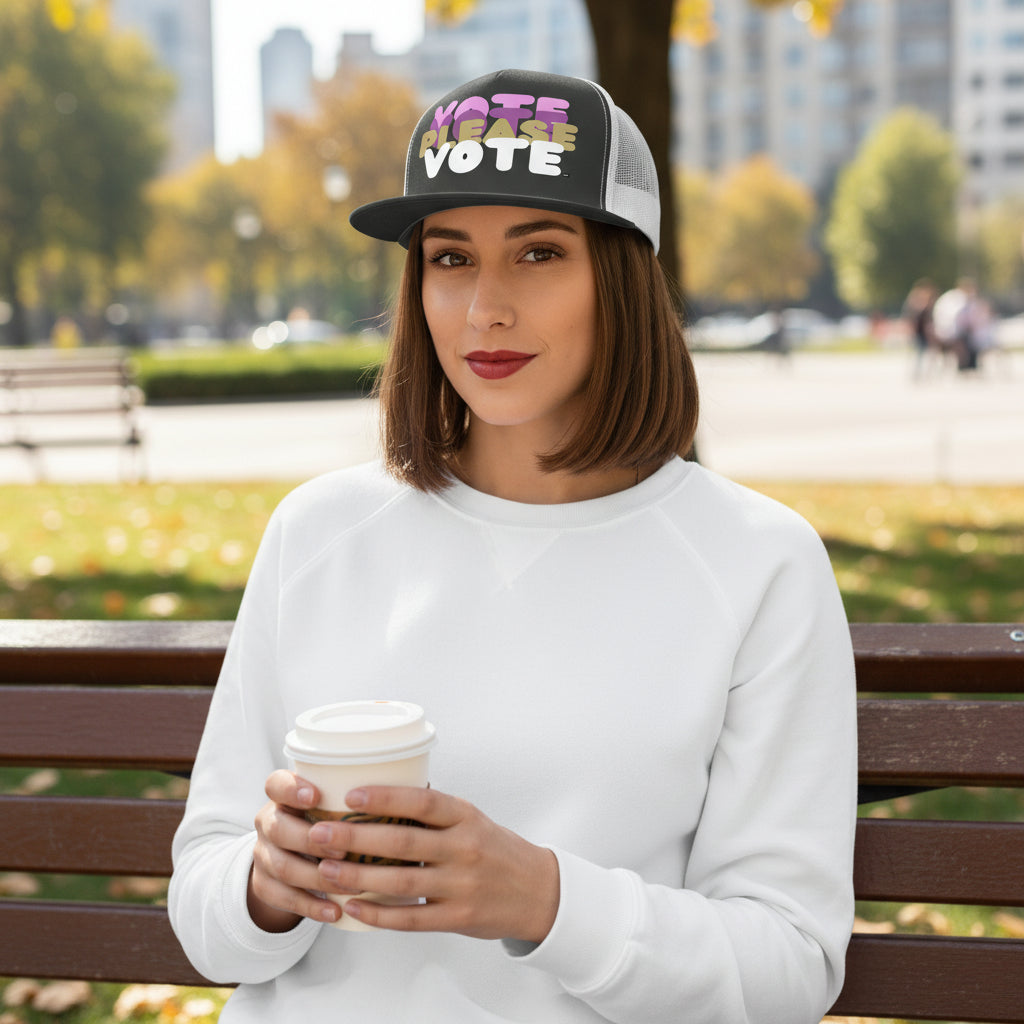 Woman sitting in the park on a bench wearing the APWT Gift Shop's Please Vote in Pink Trucker Hat from the APWT Vote Shop