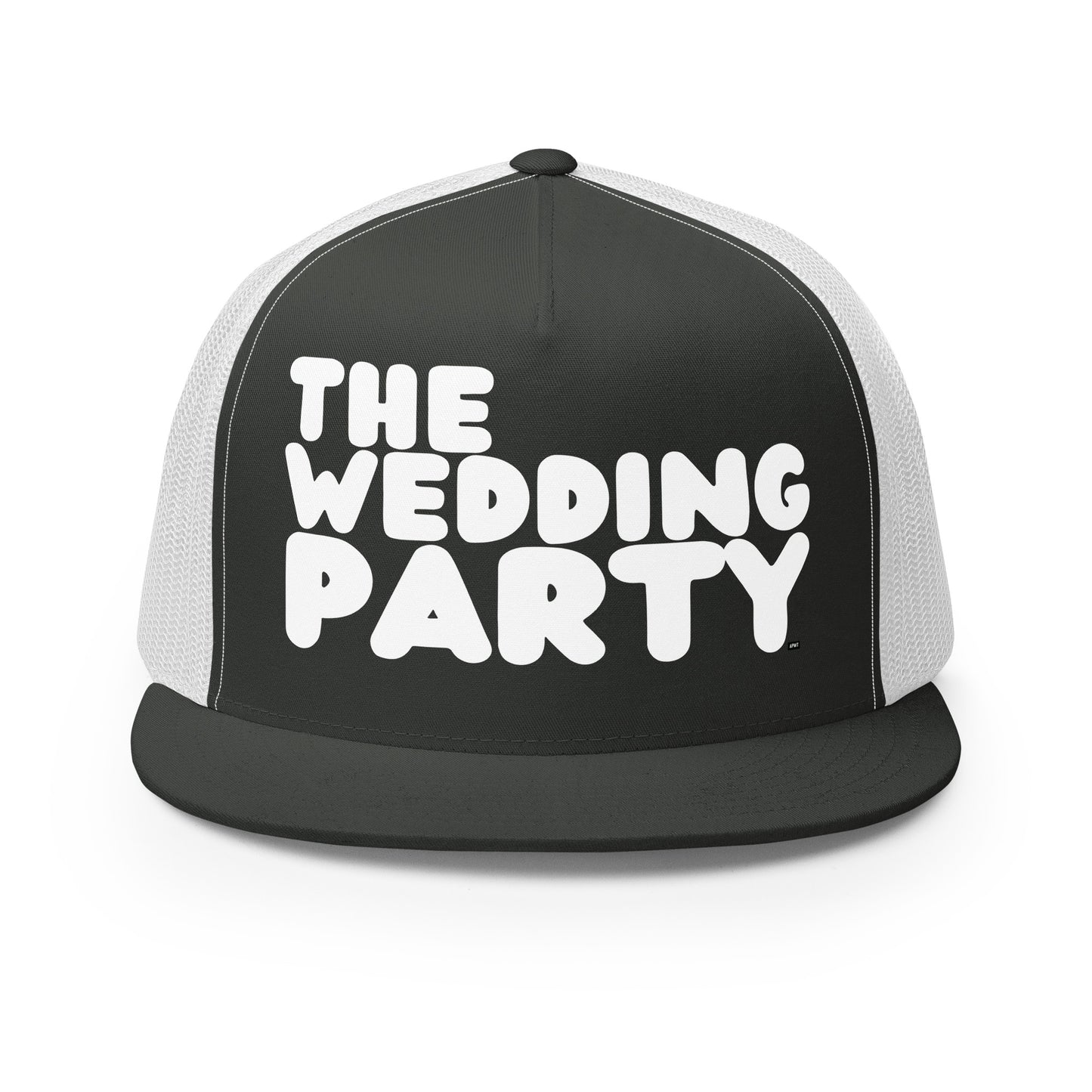 Front view  of The APWT Gift Shop's The Wedding Party Trucker Hat from the APWT Wedding Shop in Charcoal/White 