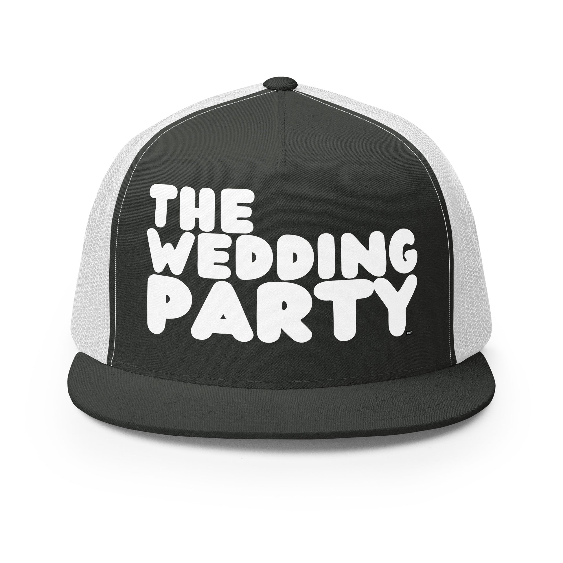 Front view  of The APWT Gift Shop's The Wedding Party Trucker Hat from the APWT Wedding Shop in Charcoal/White 