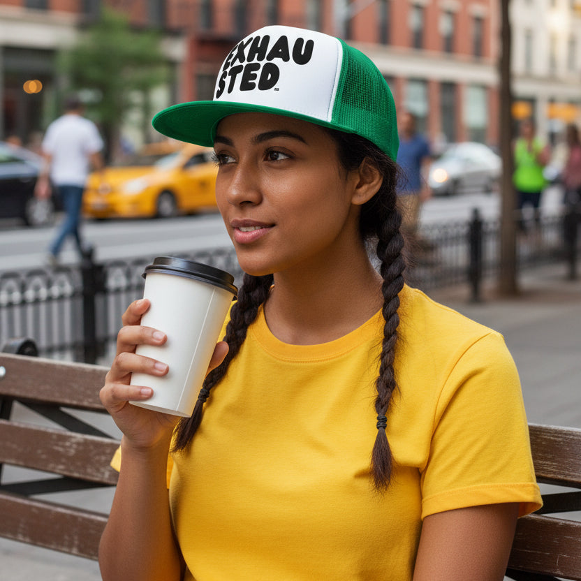 Woman holding a cup of coffee sitting on a fence wearing the APWT Gift Shop's Exhausted in Black Trucker Hat from the Exhausted Collection