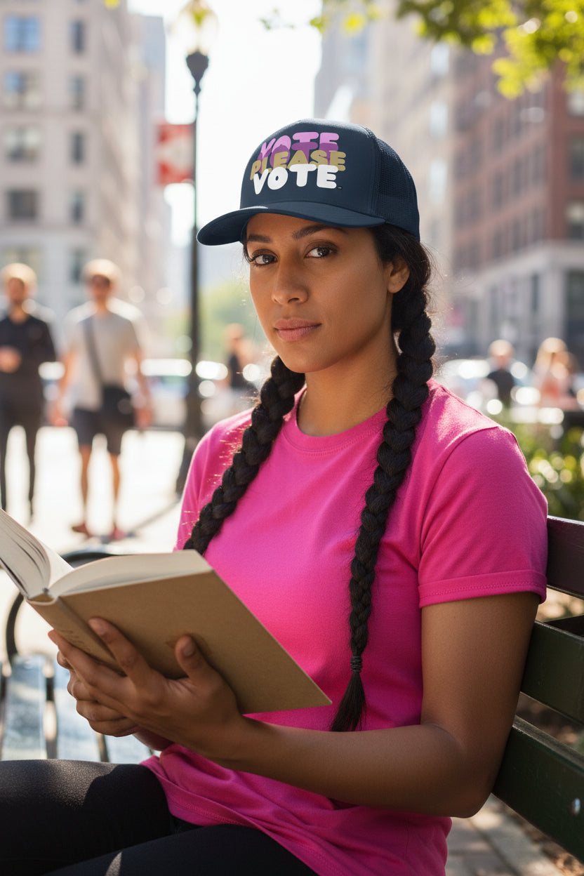 Woman sitting in the par on a bench wearing the APWT Gift Shop's Please Vote in Pink Trucker Hat from the APWT Vote Shop