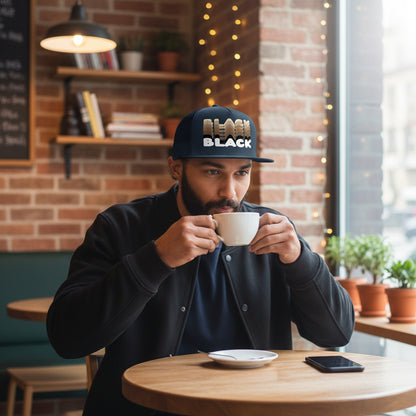 Man sitting in a Cafe wearing the APWT Gift Shop Shades in Black Trucker Hat in Navy Blue featuring the word 'Black' in different shades of brown