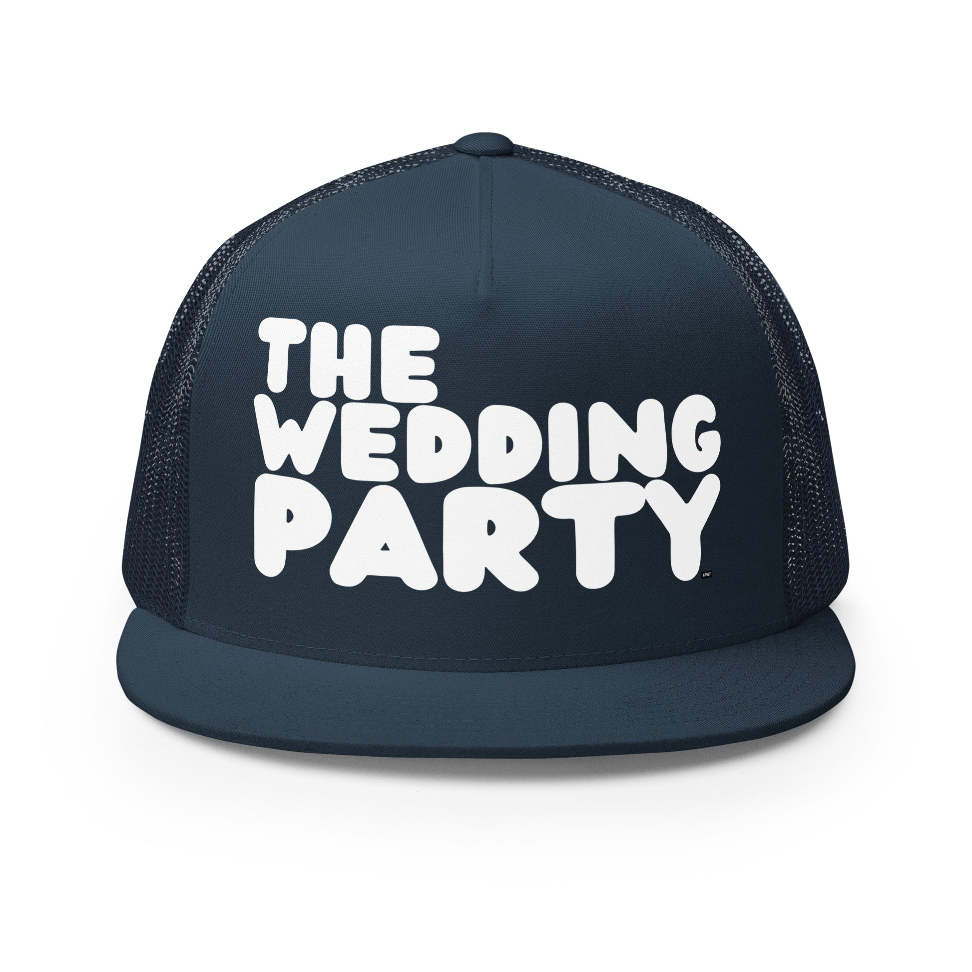 Front view of The APWT Gift Shop's The Wedding Party Trucker Hat from the APWT Wedding Shop in Navy Blue