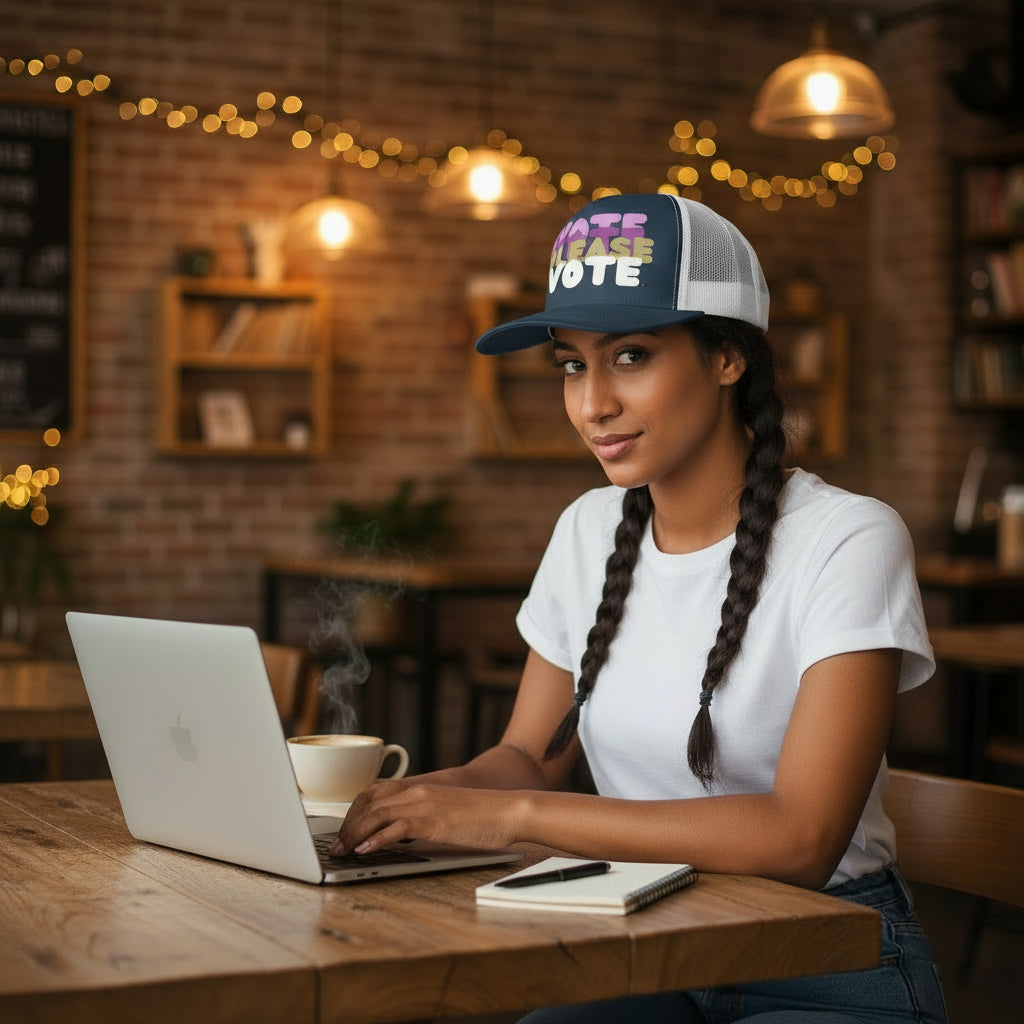 Woman sitting in a cafe wearing the APWT Gift Shop's Please Vote in Pink Trucker Hat from the APWT Vote Shop