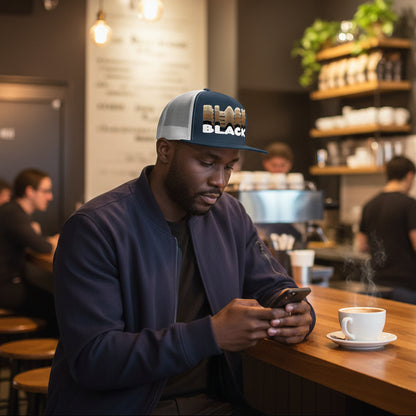 Man on his phone in a cafe wearing the APWT Gift Shops Shades in Black Trucker Hat in Navy Blue and White