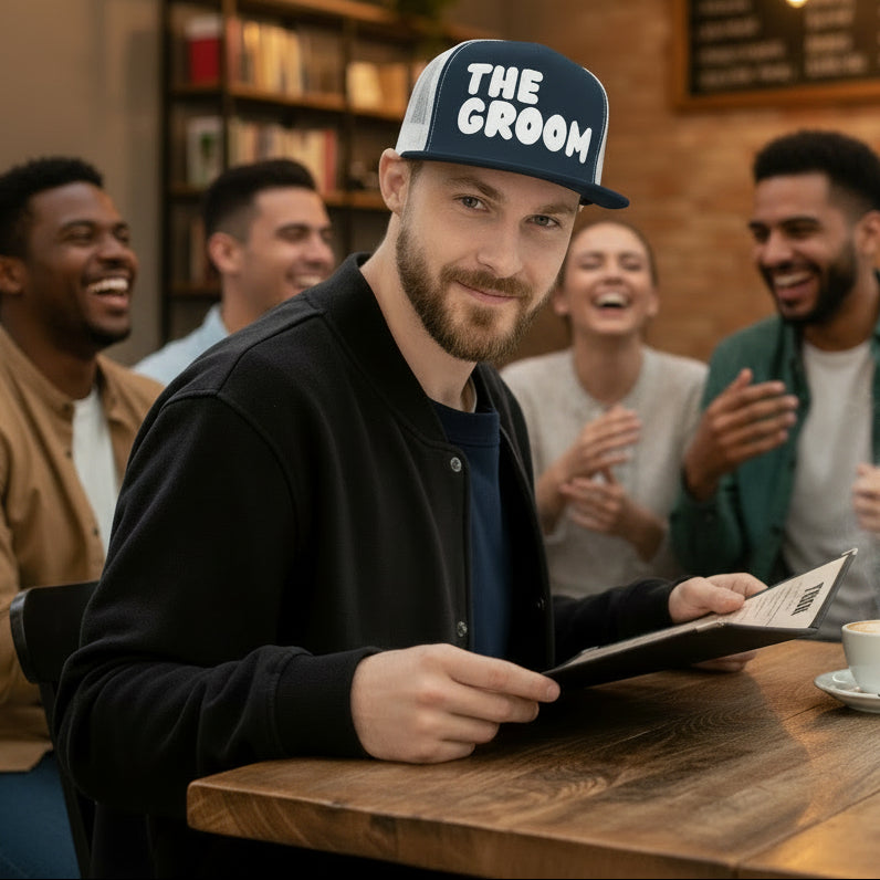 Man at a cafe wearing the  APWT Gift's Shop Groom Hat featuring a navy blue and white hat that has 'The Groom' featured in white letters