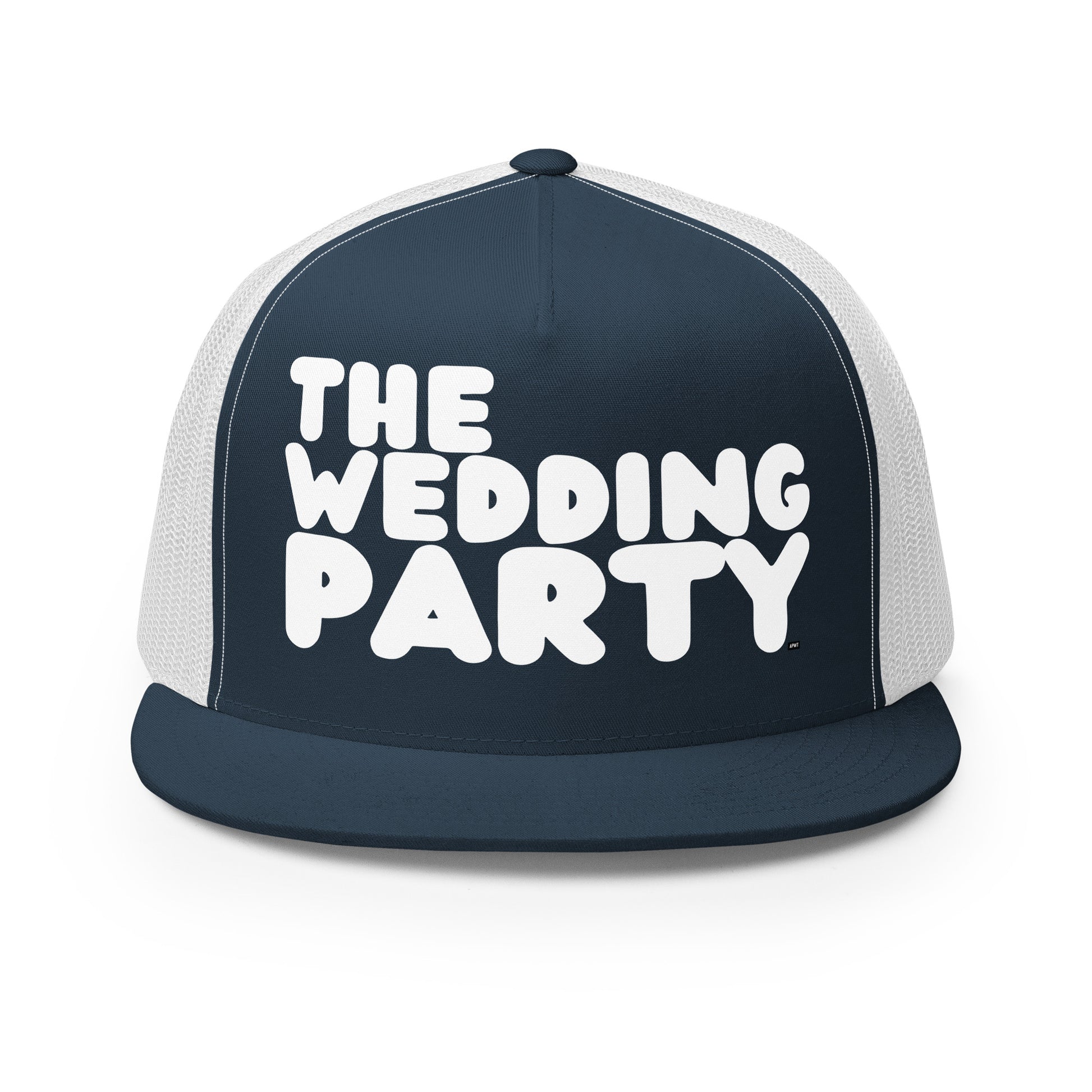 Front view of The APWT Gift Shop's The Wedding Party Trucker Hat from the APWT Wedding Shop in Navy/White 
