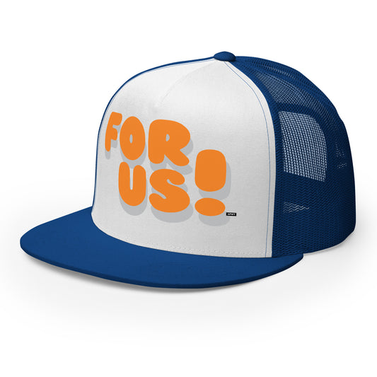 Side view of the For Us in  Blue and Orange Trucker Hat from the For Us Collection