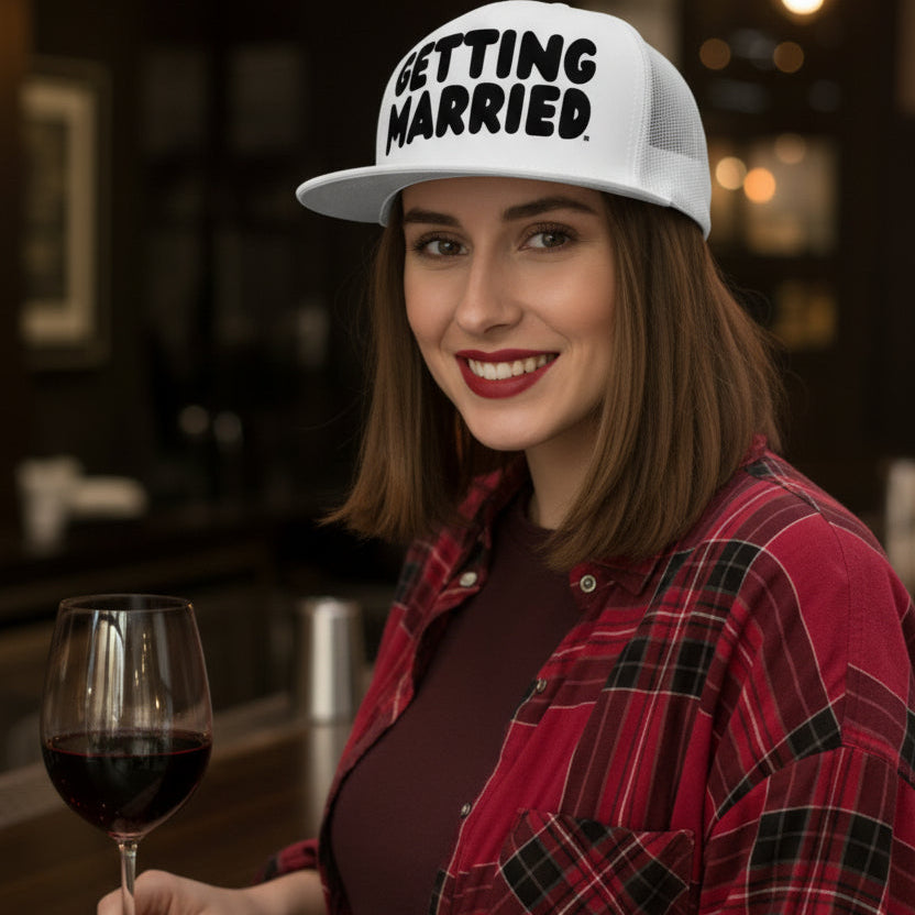 Woman wearing the APWT Gift Shops Getting Married Trucker Hat in White