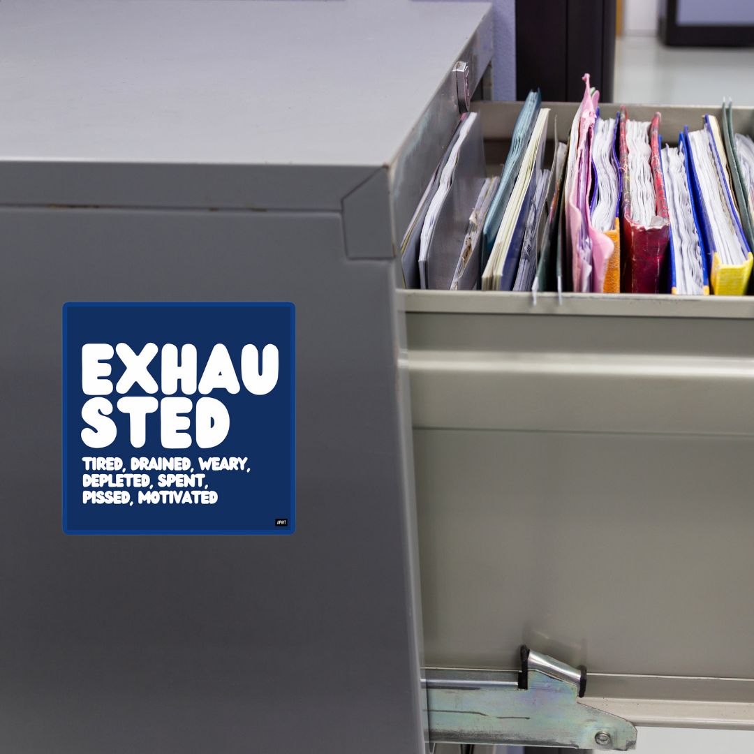 Exhausted in Blue and White Vinyl Sticker