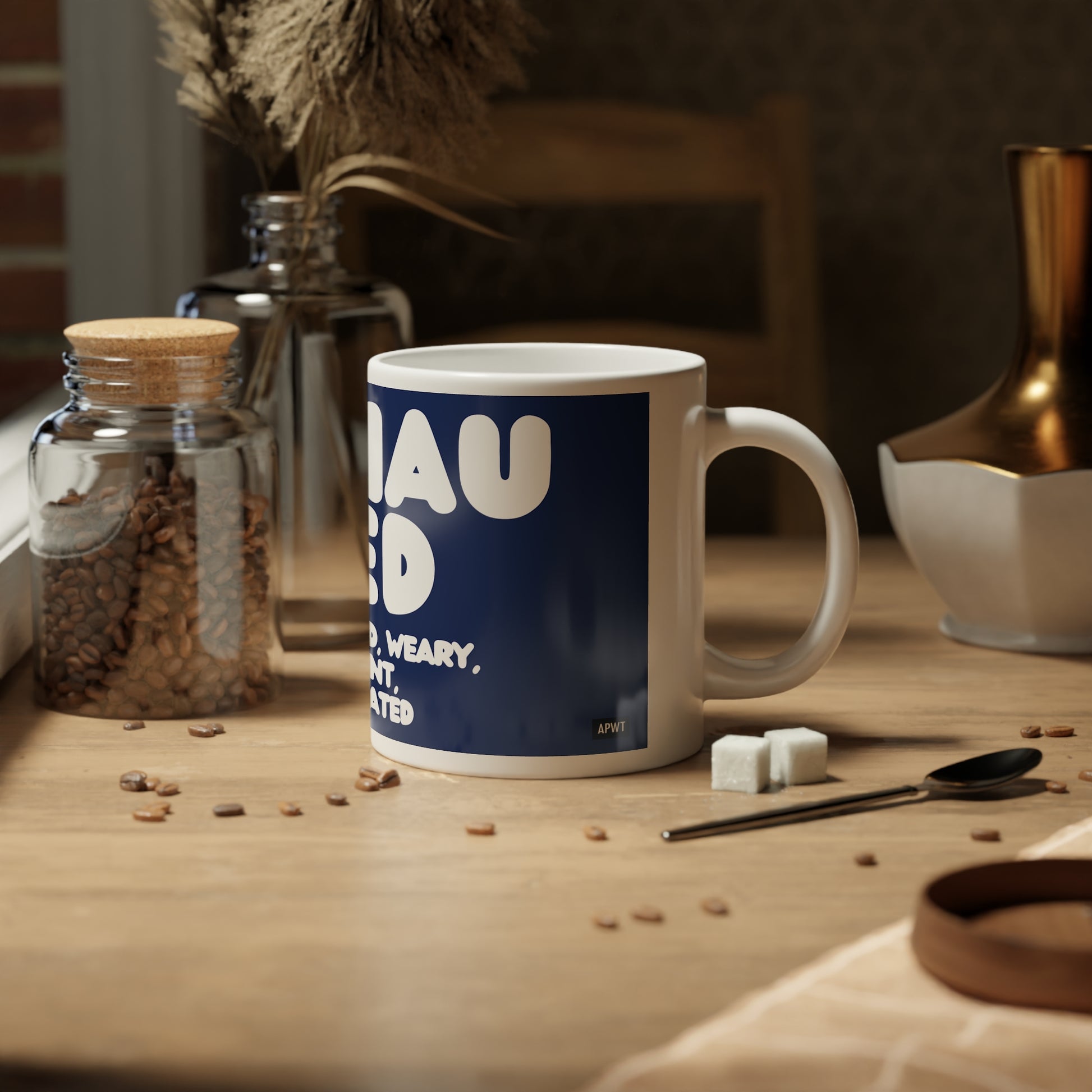 Exhausted in Blue and White Jumbo Mug - The APWT Gift Shop