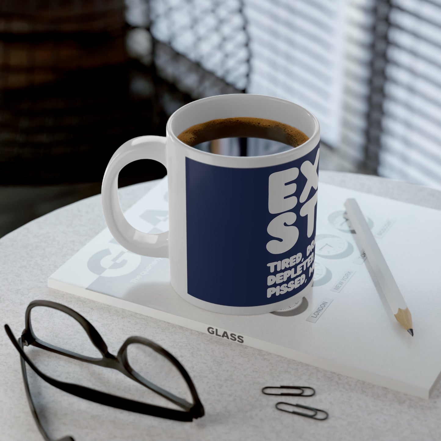 Exhausted in Blue and White Jumbo Mug - The APWT Gift Shop