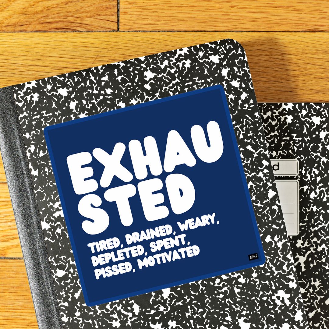 Exhausted in Blue and White Vinyl Sticker