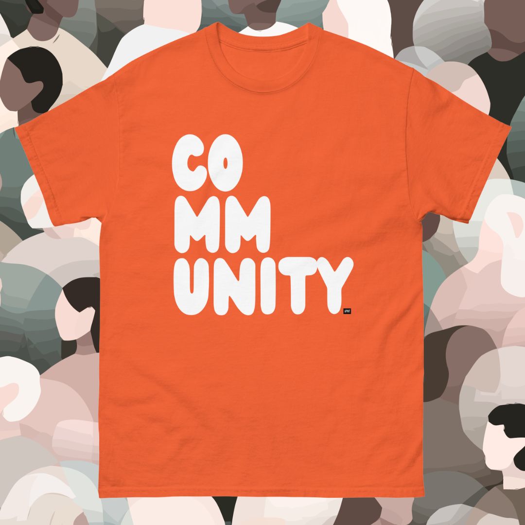 Orange t-shirt with 'COMMUNITY' printed on it against a stylized crowd background