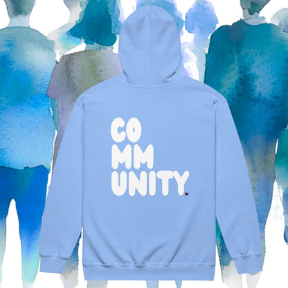 Light blue hoodie with 'COMMUNITY' text on the back against a colorful abstract background