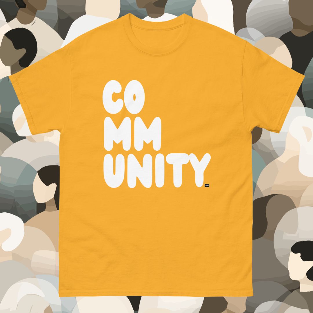 Yellow t-shirt with 'COMMUNITY' text on a background of abstract faces.