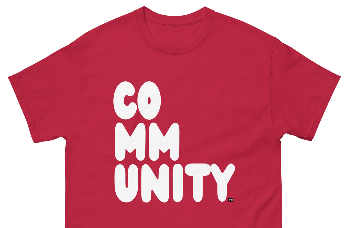 The APWT Gift Shop's A Community in Apple Red Unisex T-Shirt from the Community Collection - Close-Up