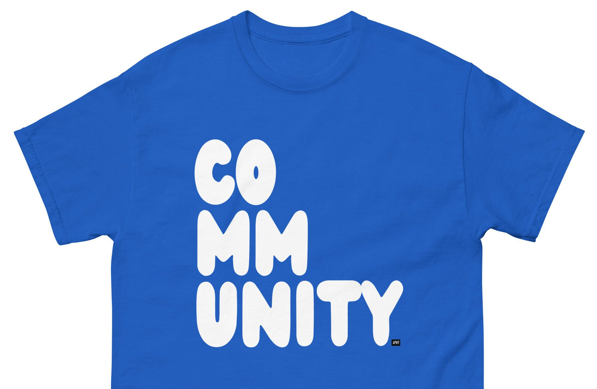 The APWT Gift Shop's A Community in Ocean Blue Unisex T-shirt from the Community Collection - Front Close-Up