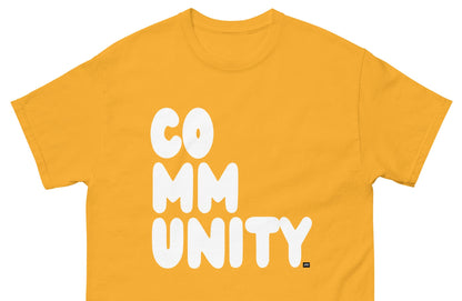 The APWT Gift Shop's A Community in Sunflower Yellow Unisex T-Shirt from the Community Collection - Front Close-Up