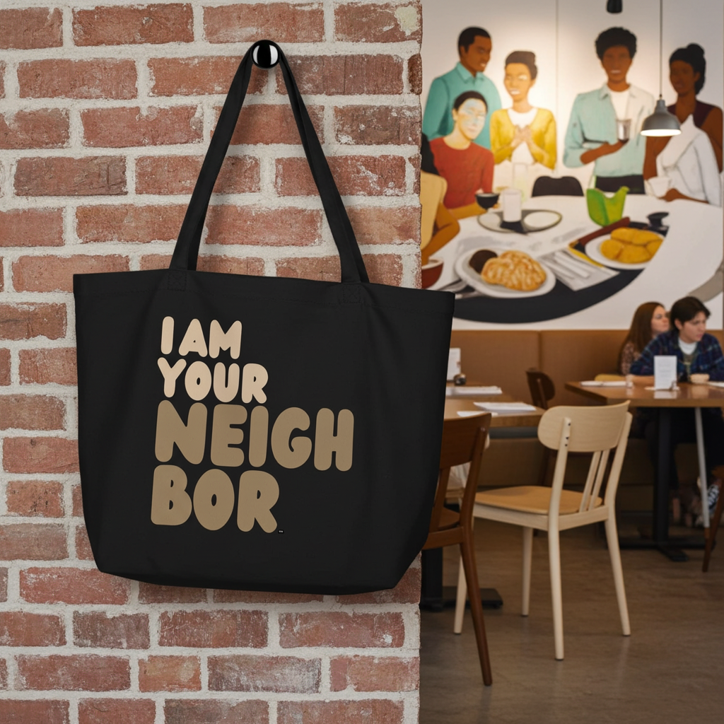 I Am Your Neighbor in Brown Jumbo Black Tote Bag