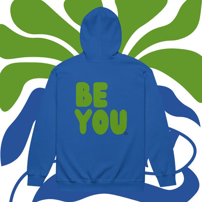 Blue hoodie with 'BE YOU' text on a green and blue abstract background