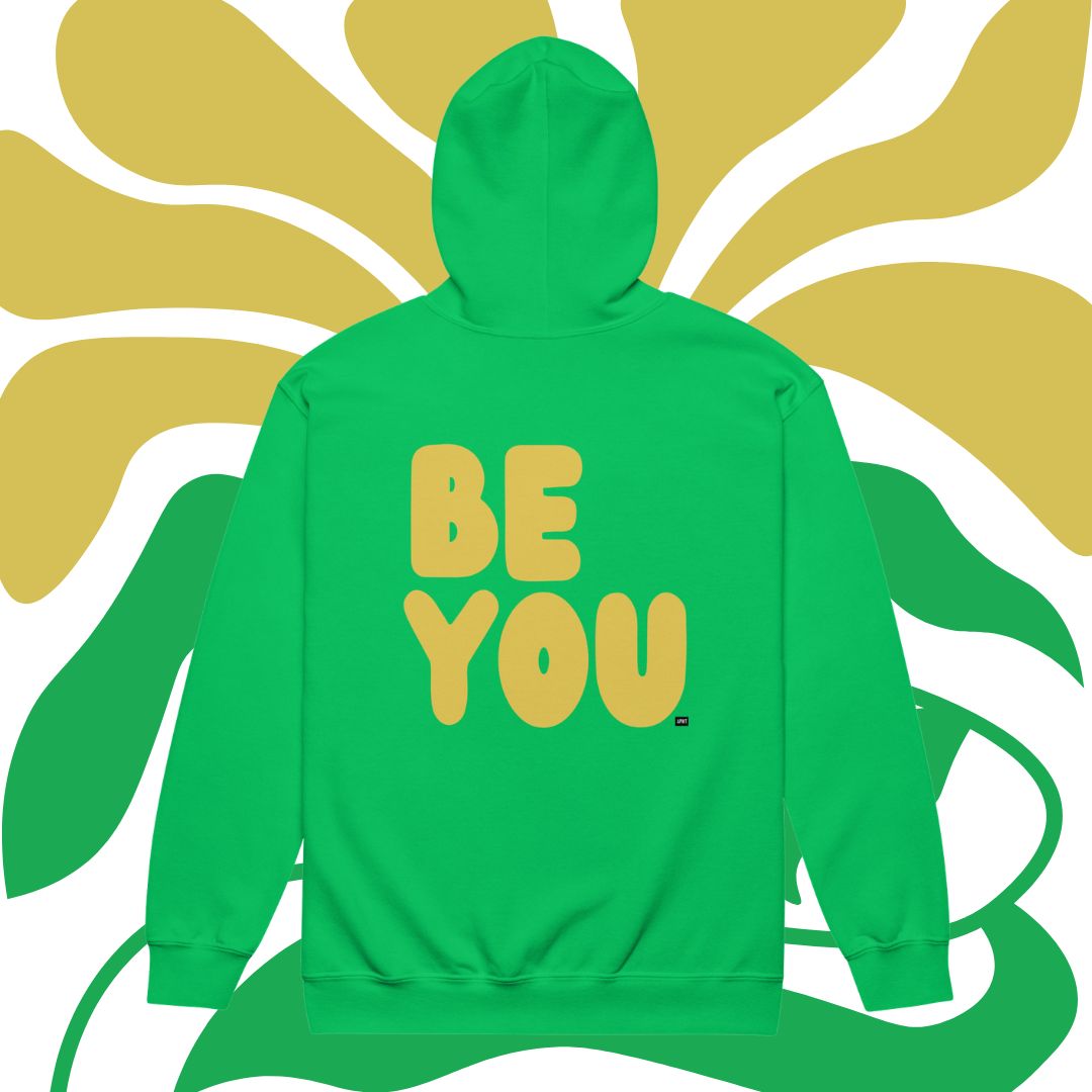 Green hoodie with 'BE YOU' text on a stylized leaf background