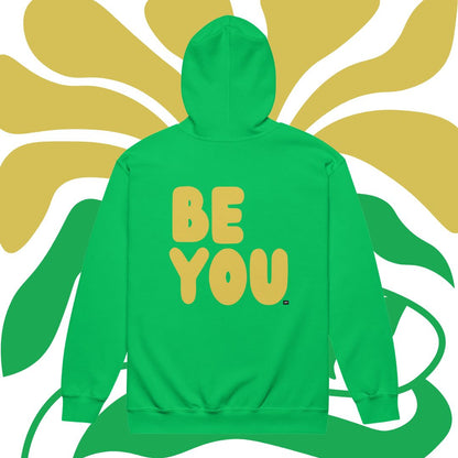 Green hoodie with 'BE YOU' text on a stylized leaf background
