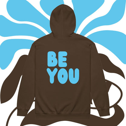 Brown hoodie with 'BE YOU' text on the back against a blue and white abstract background