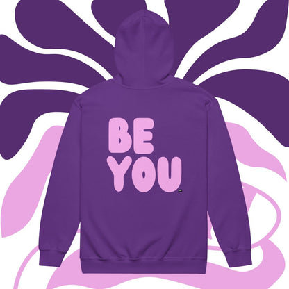 Purple hoodie with 'BE YOU' text on the back against a swirling purple and pink background